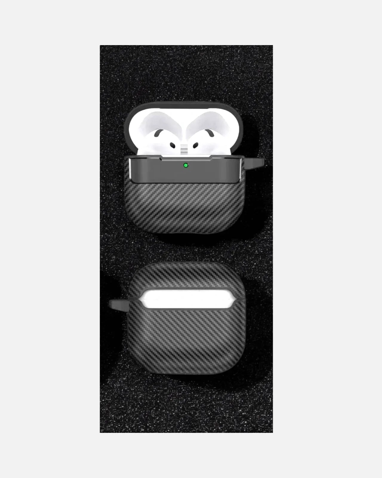 Black carbon texture case for AirPods 4, offering rugged protection and stylish design with precise cutouts.